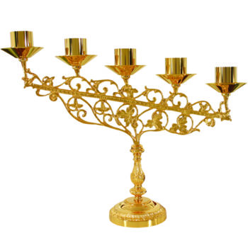 Lumiera classica cinque fiamme in fusione di ottone dorato lucido con decori classici e impugnatura tornita