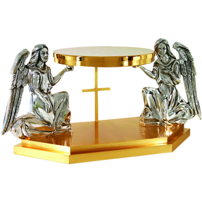 Tronetto in fusione bicolore in fusione di ottone dorato decorato con statue angeliche finitura argento