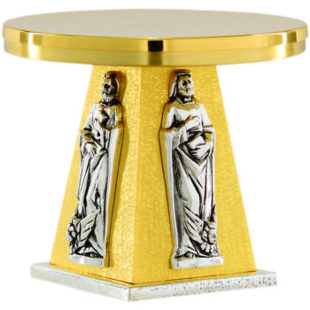 Base per ostensorio in fusione di ottone dorato con simboli dei quattro evanelisti in finitura argento