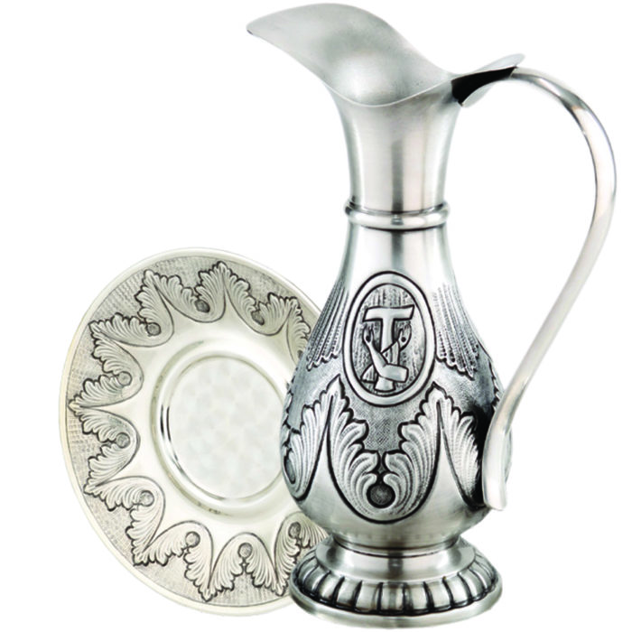 Maranatha Lab classic style Franciscan jug in chiseled satin brass with Franciscan symbol