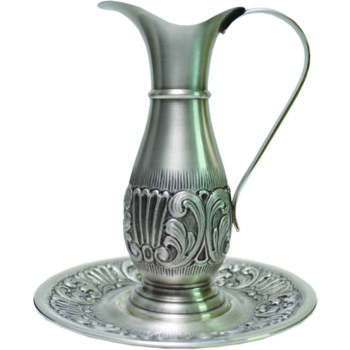 Maranatha Lab chiseled jug in chiseled silver brass with leaf motifs complete with dish