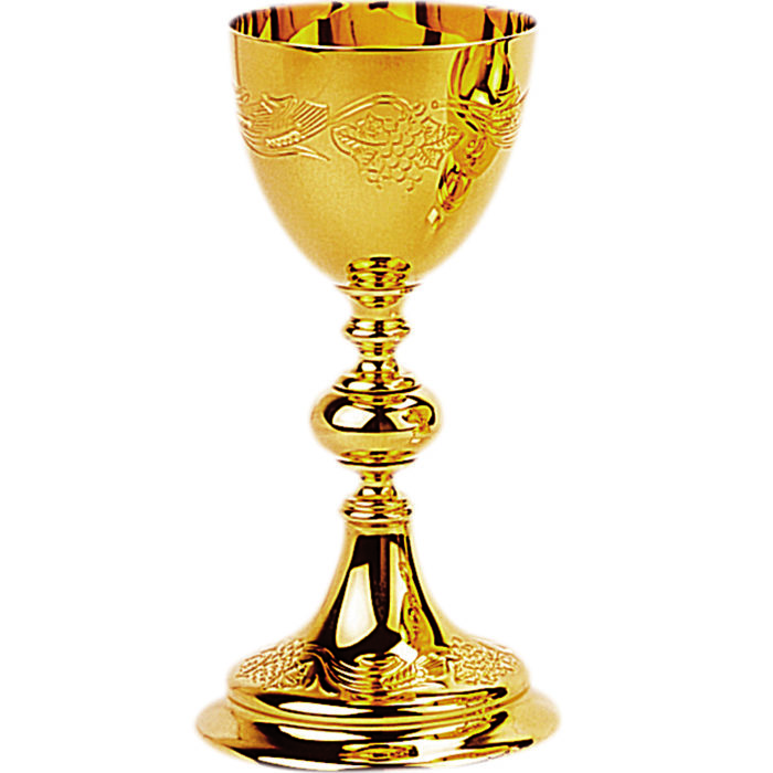 Modern chalice with grapes and ears of wheat made of golden brass