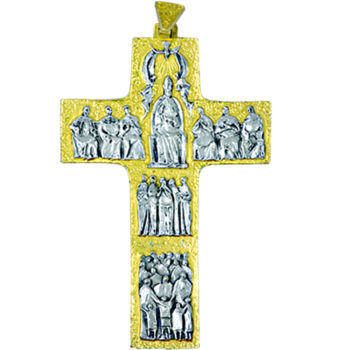 Croce pettorale in argento bicolore finemente cesellata a mano con scene evangeliche sbalzate