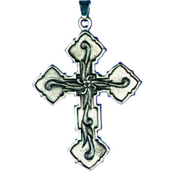 Croce pettorale cesellata a mano interamente in argento con decoro floreale sbalzato ed estremità romboidali