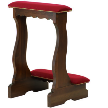 Kneeling single red velvet kneel in walnut-dyed beech wood with red velvet cushions