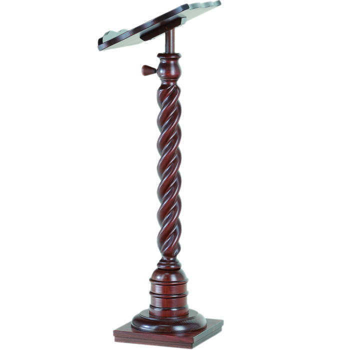 Lectern with walnut-dyed solid wood tortile column with a glossy finish