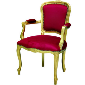 Baroque armchair in solid walnut wood gold, hand-carved with red velvet upholstery.
