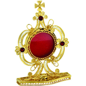Reliquiario in filigrana "Fiori" realizzato in argento finitura oro con pietre incastonate rosso rubino
