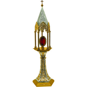 Gothic reliquary in two-tone brass entirely chiseled by hand with natural motifs