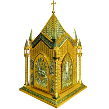 Chiseled canteen tabernacle made of two-tone Gothic-style brass decorated with Eucharistic symbols