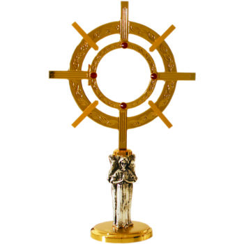 Theca with angelic statues in chiseled two-tone brass, angelic statues on the handle and stones set in ruby red color