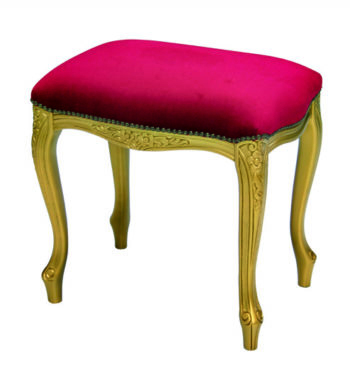 Baroque style stool in hand-carved gold with floral decorations and padded seat and finished in red velvet