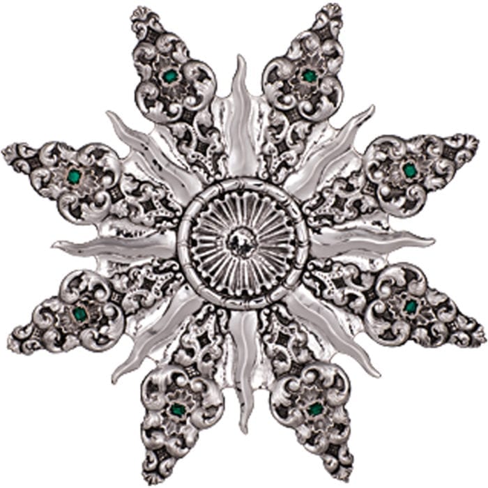 Aureola "Stella" in argento interamente cesellata a mano e impreziosita con pietre incastonate verde smeraldo