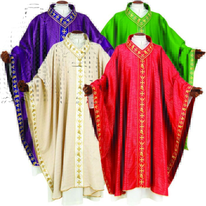 Chasuble "Josiah" Maranatha Lab with a classic cut in light fabric with chevron, border and collar embroidered in gold