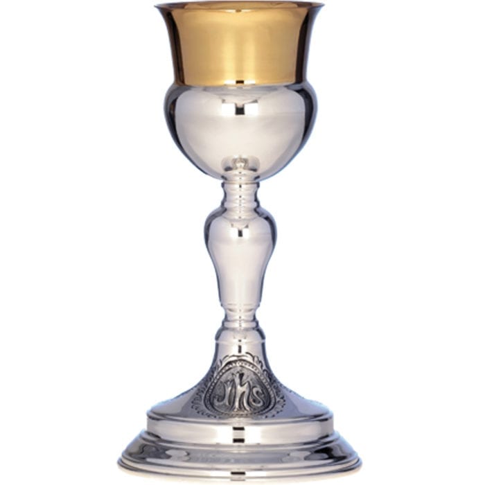 "Jhs" goblet in two-tone silver in hand-chiseled silver with Jhs symbol and finely turned