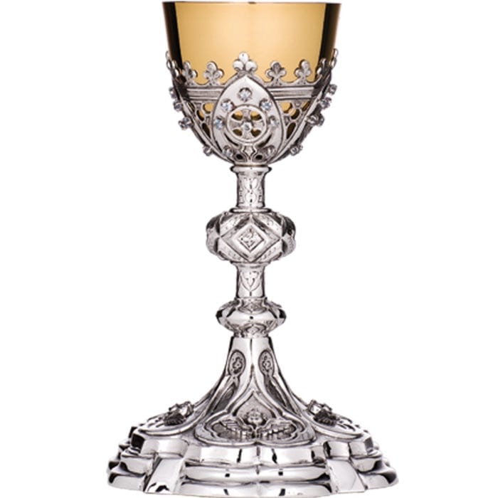 "Plateresco" chalice in silver finely chiseled by hand and decorated with aquamarine stones