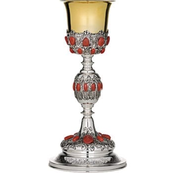 Calice in argento "Sant'Annibale" stile barocco cesellato a mano con pietre rosse incastonate