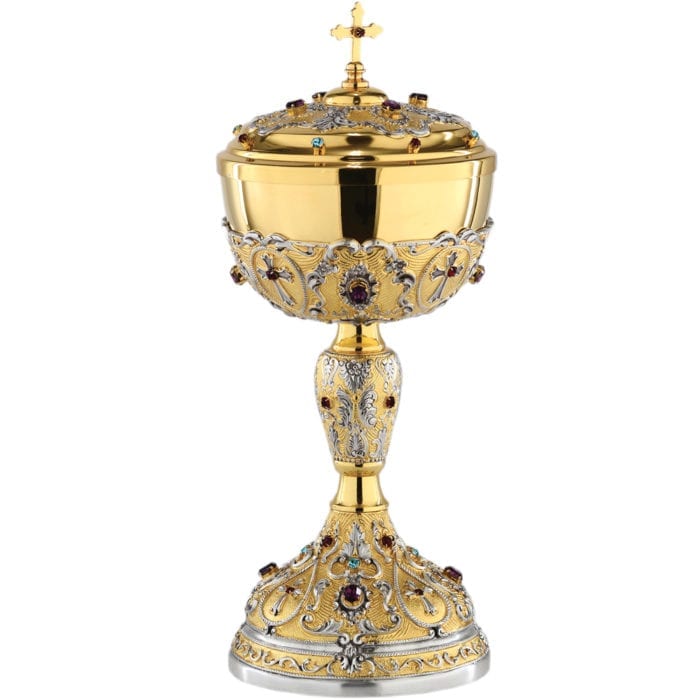 Pisside "Koinonia" Maranatha Lab baroque style in two-tone brass chiseled with stones set