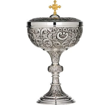 Pisside in argento "Piume" stile classico finemente cesellata a mano con motivi decorativi a piume