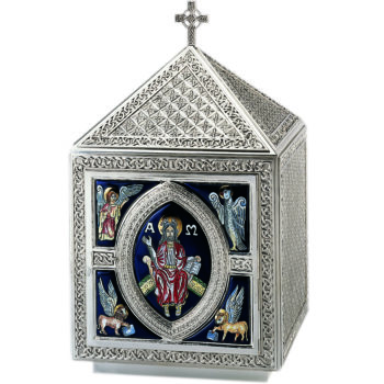 Tassilo Tabernacle in brass made in Romanesque style, finely hand-chiseled and decorated with cloisonné fired enamel with effigy of the Evangelists and Christ Pantocrator