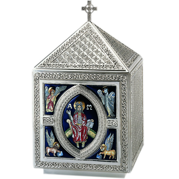Tassilo Tabernacle in brass made in Romanesque style, finely hand-chiseled and decorated with cloisonné fired enamel with effigy of the Evangelists and Christ Pantocrator