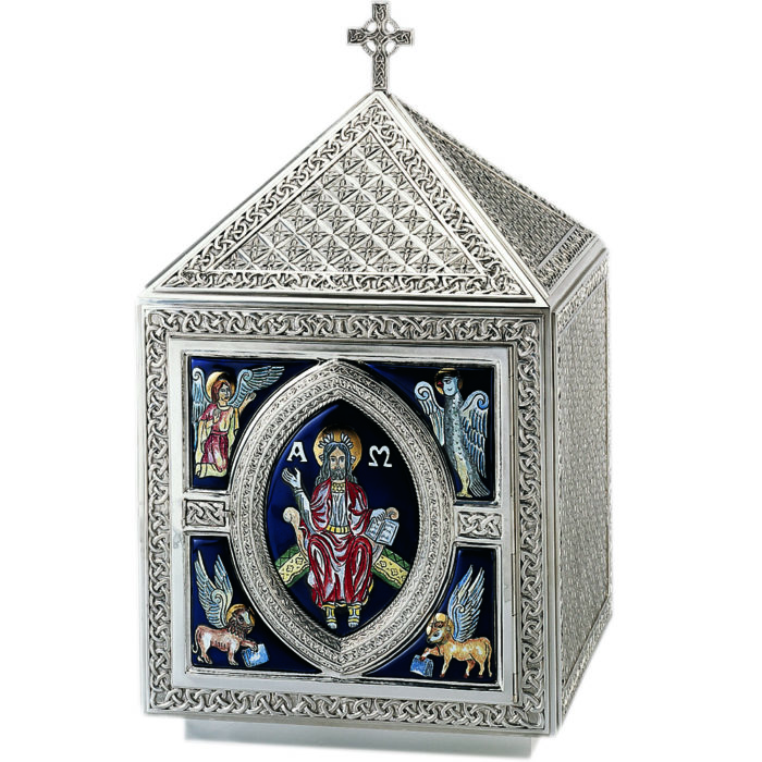 Tabernacolo Tassilo in ottone realizzato in stile romanico, finemente cesellato a mano e decorato con smalto a fuoco cloisonnè con effigie degli Evangelisti e di Cristo Pantocratore