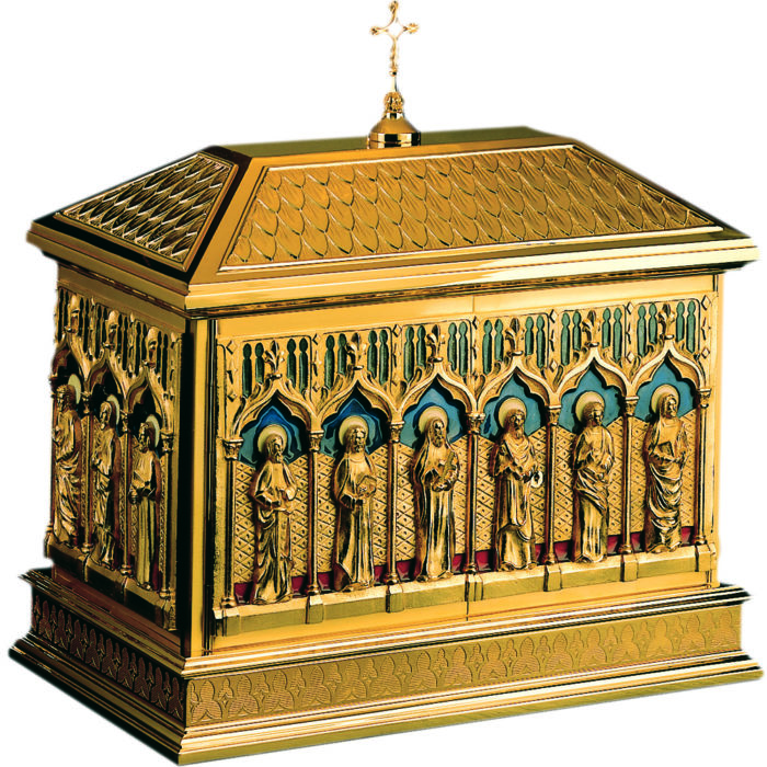 Tabernacle in polished golden brass finely embossed and chiseled by hand with figude of the Apostles and cloisonné fire-enamelled background