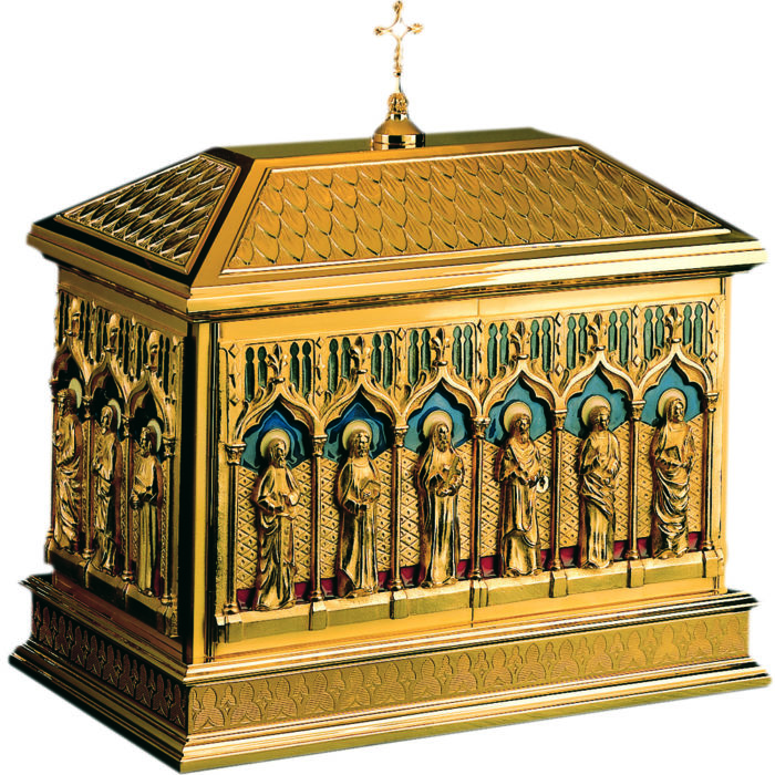 Tabernacolo in ottone lucido dorato finemente sbalzato e cesellato a mano con figude degli Apostoli e fondo smaltato a fuoco cloisonnè 