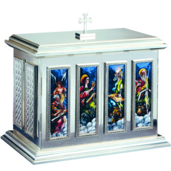 Enamelled brass tabernacle decorated with cloisonné fired enamels of the four evangelists and 24 carat gold rhinestone interior with pelican symbol