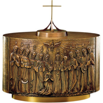 Oval tabernacle in burnished brass made in a modern style chiseled and hand-embossed with figures of the Apostles, Holy Mary and Holy Spirit