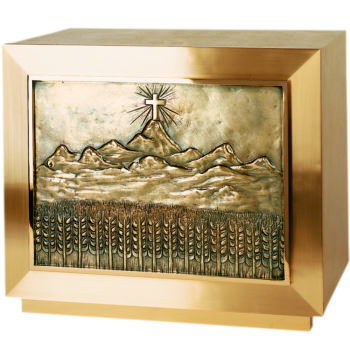 Modern Gethsemane Altar Tabernacle rectangular shape and door decorated with Mount Gethsemane overhang and ears of wheat