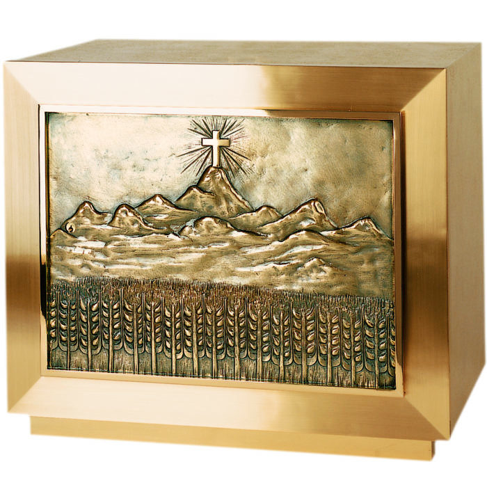 Modern Gethsemane Altar Tabernacle rectangular shape and door decorated with Mount Gethsemane overhang and ears of wheat