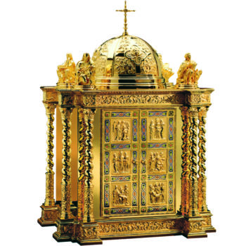 Baroque table tabernacle richly decorated with scenes from the life of Christ, twisted columns and cloisonné enamel filigree decoration