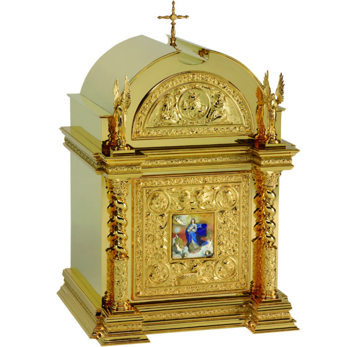 Renaissance table tabernacle, made of gilded brass and decorated with the effigy of the Immaculate Conception enamelled on the door