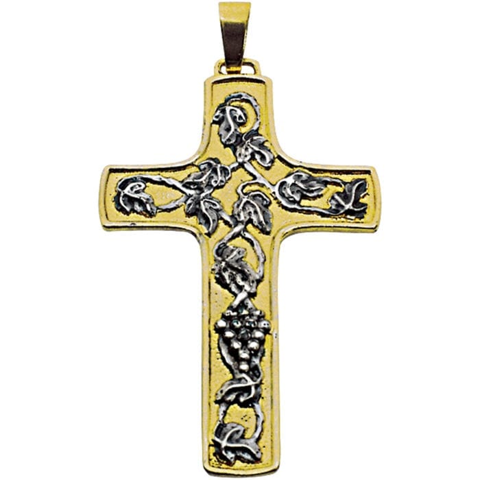 Maranatha Lab Bib Cross in two-tone brass decorated with motifs in bunches of grapes and tralci