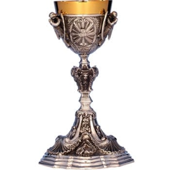 Calice "Elevazione" in argento bicolore in stile barocco cesellato a mano con motivi eucaristici e testine angeliche