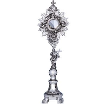 Ostensorio barocco in argento cesellato a mano, interamente in finitura argento con statua a sbalzo