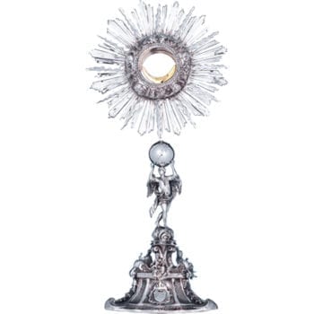 Ostensorio in argento "Tre Virtù" finitura argento, cesellato a mano e decorato con statue delle tre Virtù.
