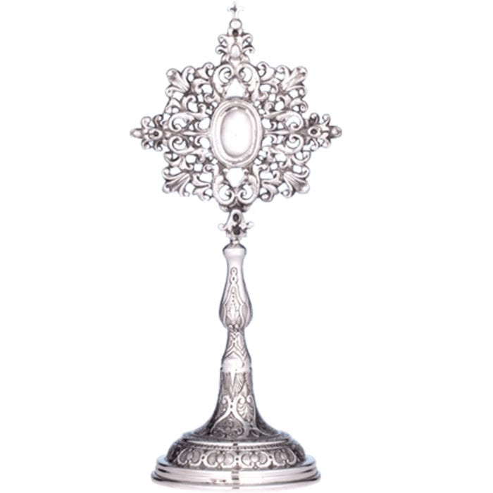 Reliquiario classico in argento interamente cesellato a mano con fregi floreali e torniture classiche