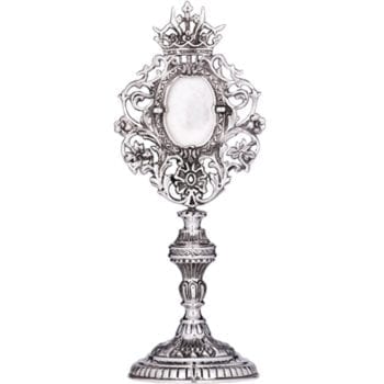 Reliquiario "Corona" in argento finemente cesellato a mano con motivi floreali e simbolo simbolo di una corona