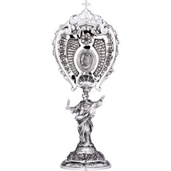Reliquiario "Sanctus" in argento interamente cesellato a mano con statua di un santo all'impugnatura