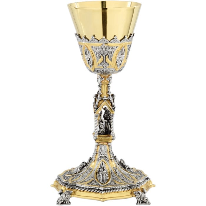 Goblet "Annunziata" Maranatha Lab gothic style in two-tone brass with temple with the Annunciation
