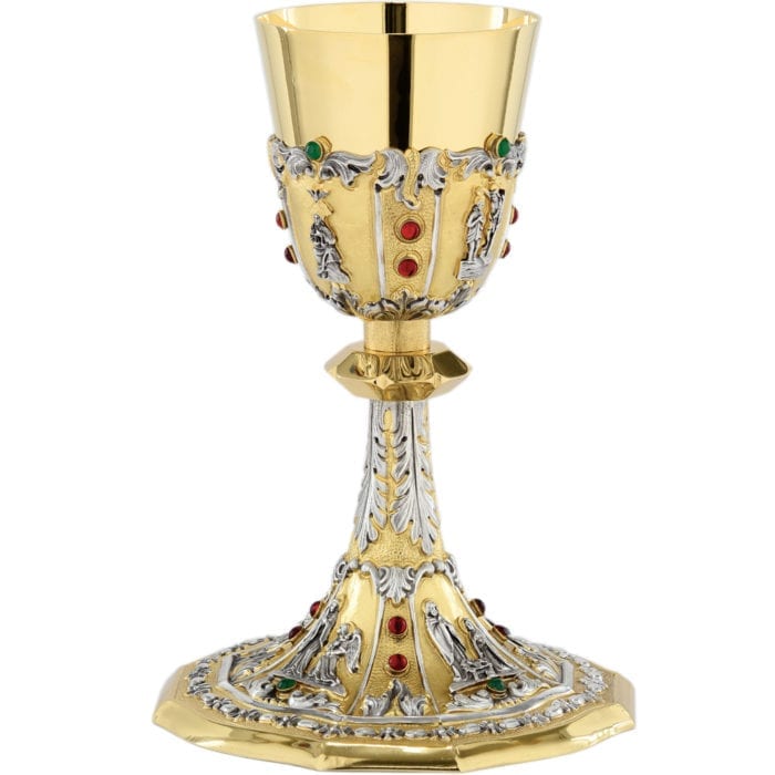 Glass "Nazareth" Maranatha Lab classic style in two-tone brass chiseled by hand with stones set ruby red