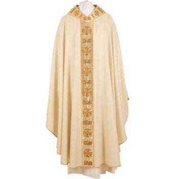 Solemn "Elisa" casula in viscous wool with lurex silk stolon embroidered in patterned gold