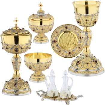 Complete "Koinonia" Maranatha Lab consisting of chalice and patena, high and low pisside, plate offered and apolline