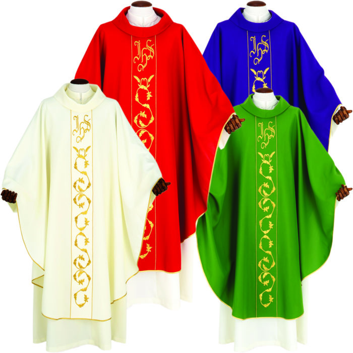 Chasuble "Sion" Maranatha Lab in micromonastic fabric, embellished with hand-made leaf motifs and JHS symbol.