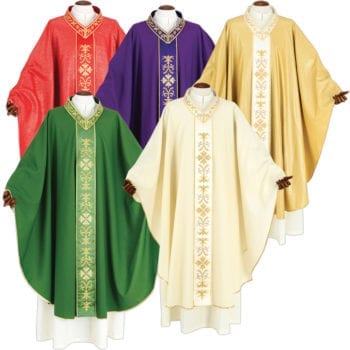 Chasuble "Filippi" Maranatha Lab packaged in fresh wool fabric with gallon embroidered in gold threads with floral motifs