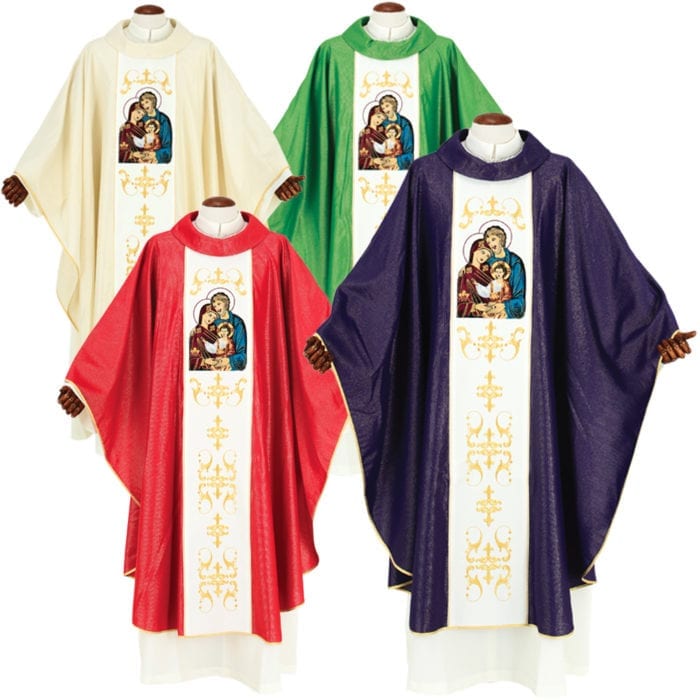 Casula "holy family" Maranatha Lab in wool blend fabric with stolon embroidered in gold and figure of the Holy Family