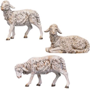 Pecorelle per Natività Fontanini, set di tre statue in resina dipinte ad effetto legno