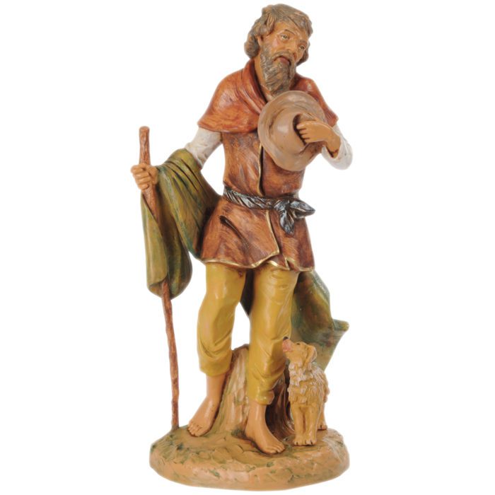 Shepherd with dog cm 30 statue for Nativity in hand-painted resin with wood effect